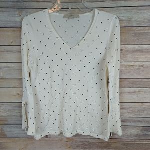 LOFT Women's Knit Top Small Beige Gray Polka Dot Long Sleeve